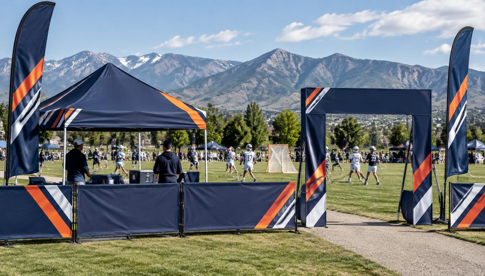 Example tournament sponsor placements on tents, banners, flags and entrance signage