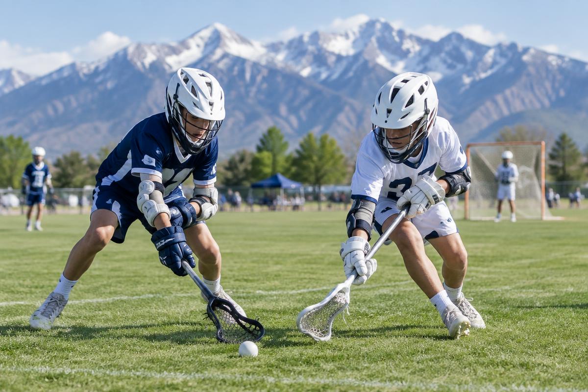 Young lacrosse players battling for a ground ball